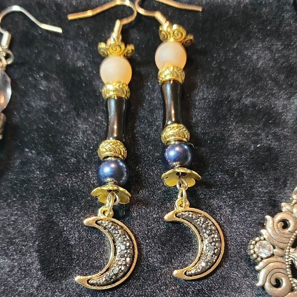 Elegant Gold and Blue Crescent Moon Earrings